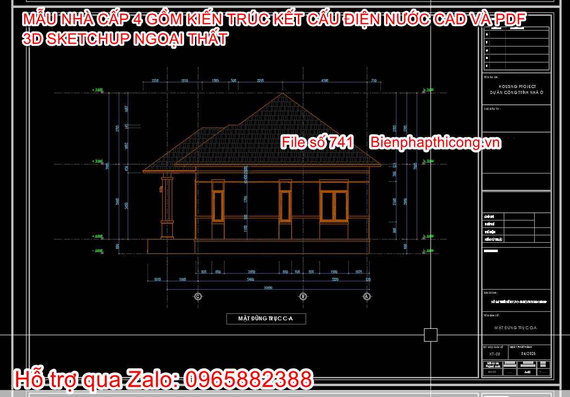 Bản vẽ cad nhà cấp 4 mái nhật 1 tầng 13,5m x 9m đẹp.