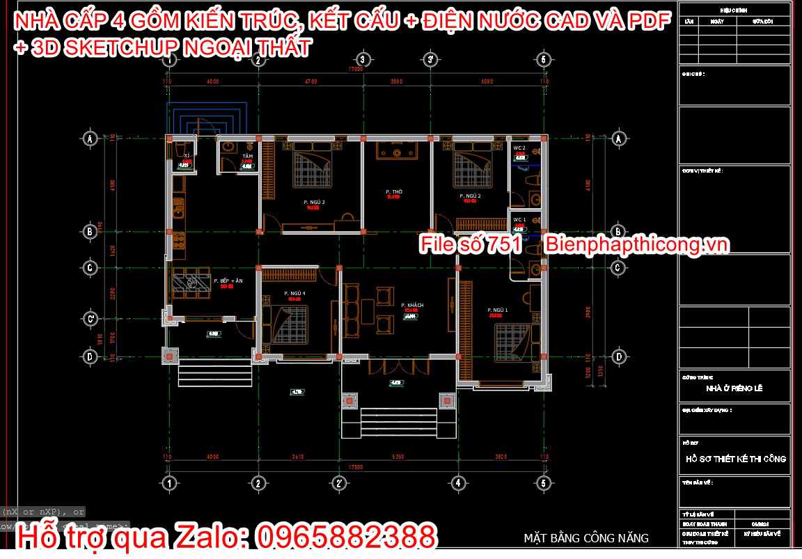 Bản vẽ mặt bằng nhà mái nhật 1 tầng cad 17m x 12m.
