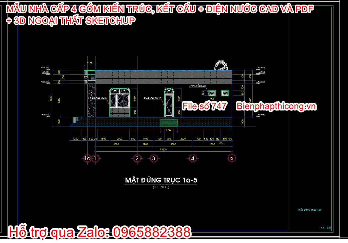 Bản vẽ mặt cắt nhà cấp 4 hiện đại đẹp.