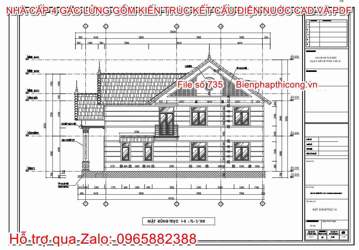 File cad mặt đứng nhà cấp 4 có gác lửng 3 ngủ 900 triệu.