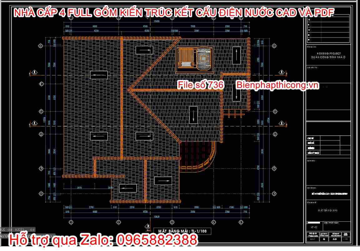 File cad thiết kế 14,5m x 11m đẹp 3 ngủ mái thái.