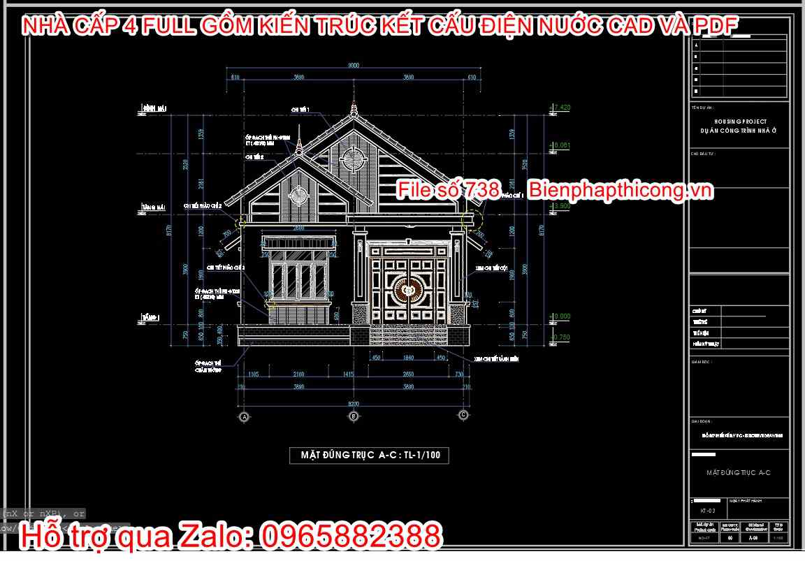 File dwg bản vẽ nhà cấp 4 3 ngủ 8m x 12m đẹp.