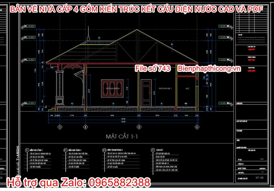 Mặt cắt nhà cấp 4 mái nhật 2 ngủ 12m x 12,5m.