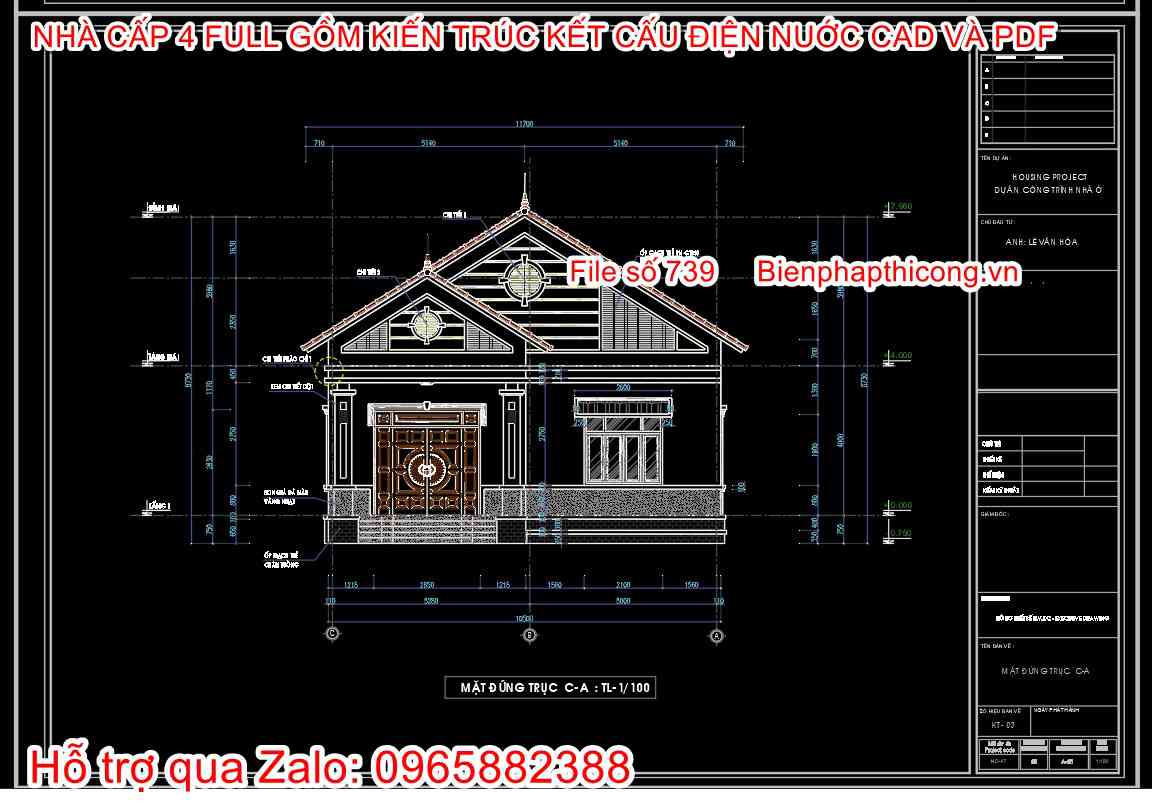 Mặt đứng nhà cấp 4 4 ngủ 10,5m x 15m.