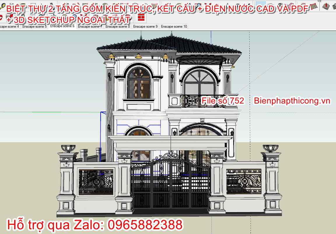 Tải bản vẽ thiết kế biệt thự 2 tầng mái nhật 8,2m x 13m sketchup.