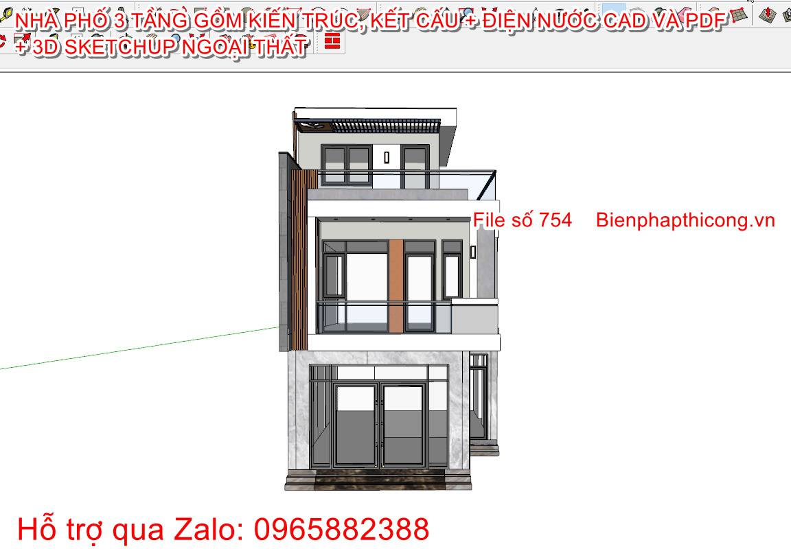 3D sketchup nhà phố 3 tầng hiện đại 6,5m x 12m cad.