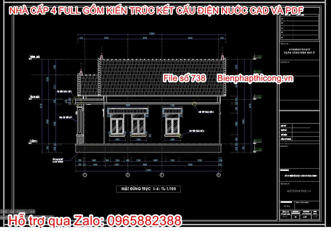 Bản vẽ cad file pdf nhà cấp 4 mặt đứng.