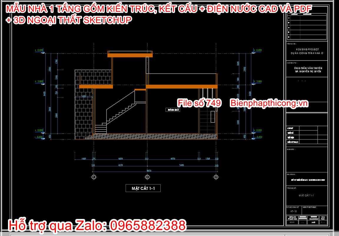 Bản vẽ cad mặt cắt nhà 1 tầng hiện đại 6,5m x 10m.