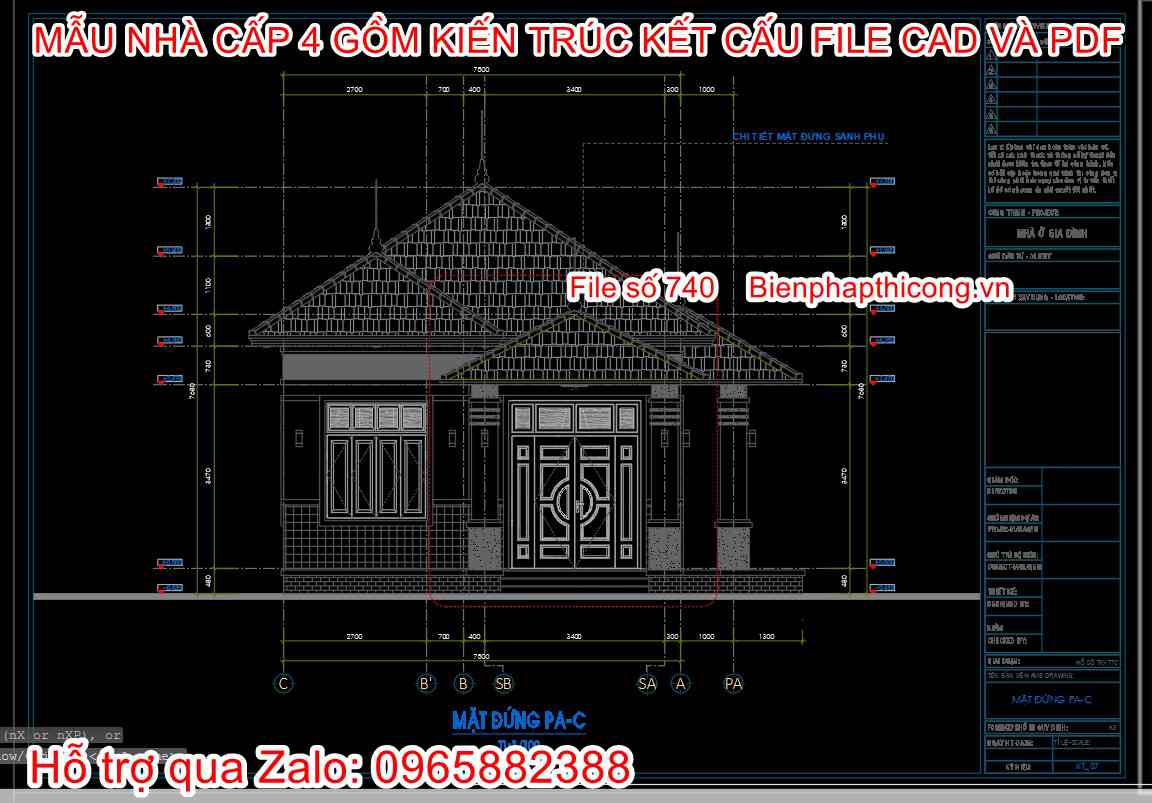 Bản vẽ cad mặt đứng nhà cấp 4 ngang 7,5m x 15m đẹp.