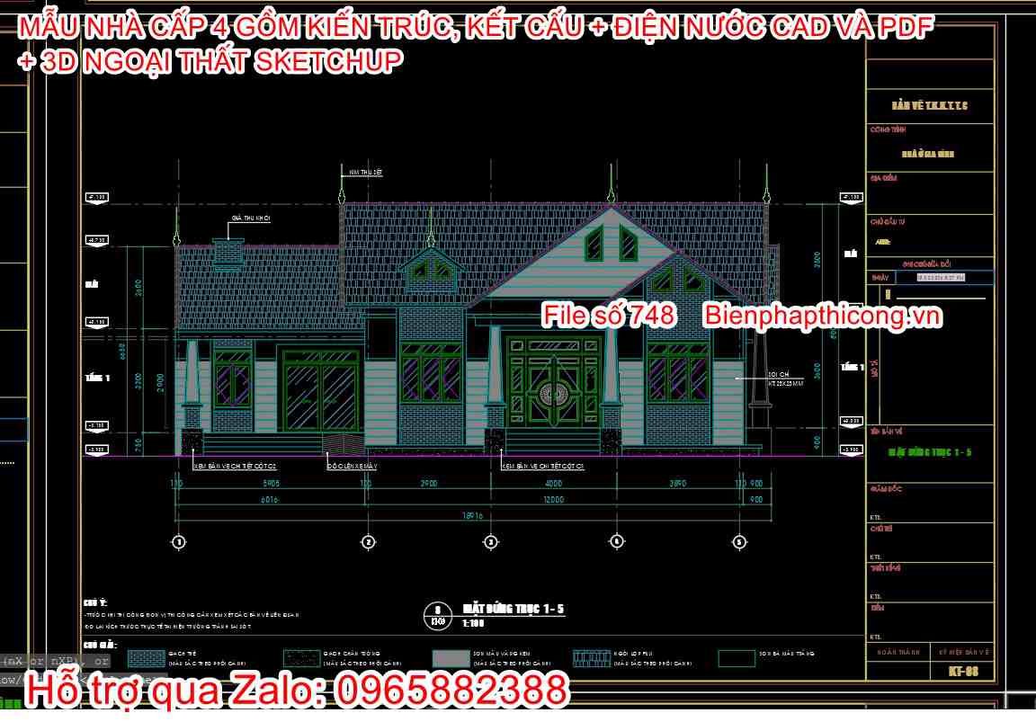 Bản vẽ mặt đứng nhà 1 tầng mái thái 4 ngủ 200m2.
