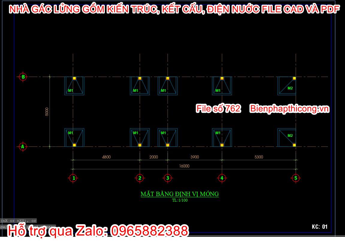 Bản vẽ móng nhà gác lửng 5m x 16m 3 ngủ.