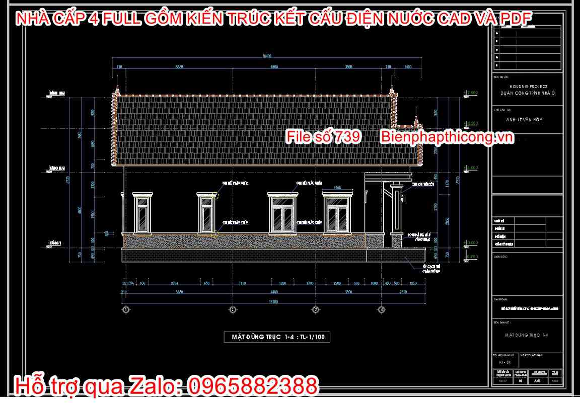 Bản vẽ thiết kế cad nhà cấp 4 150m2 đẹp.