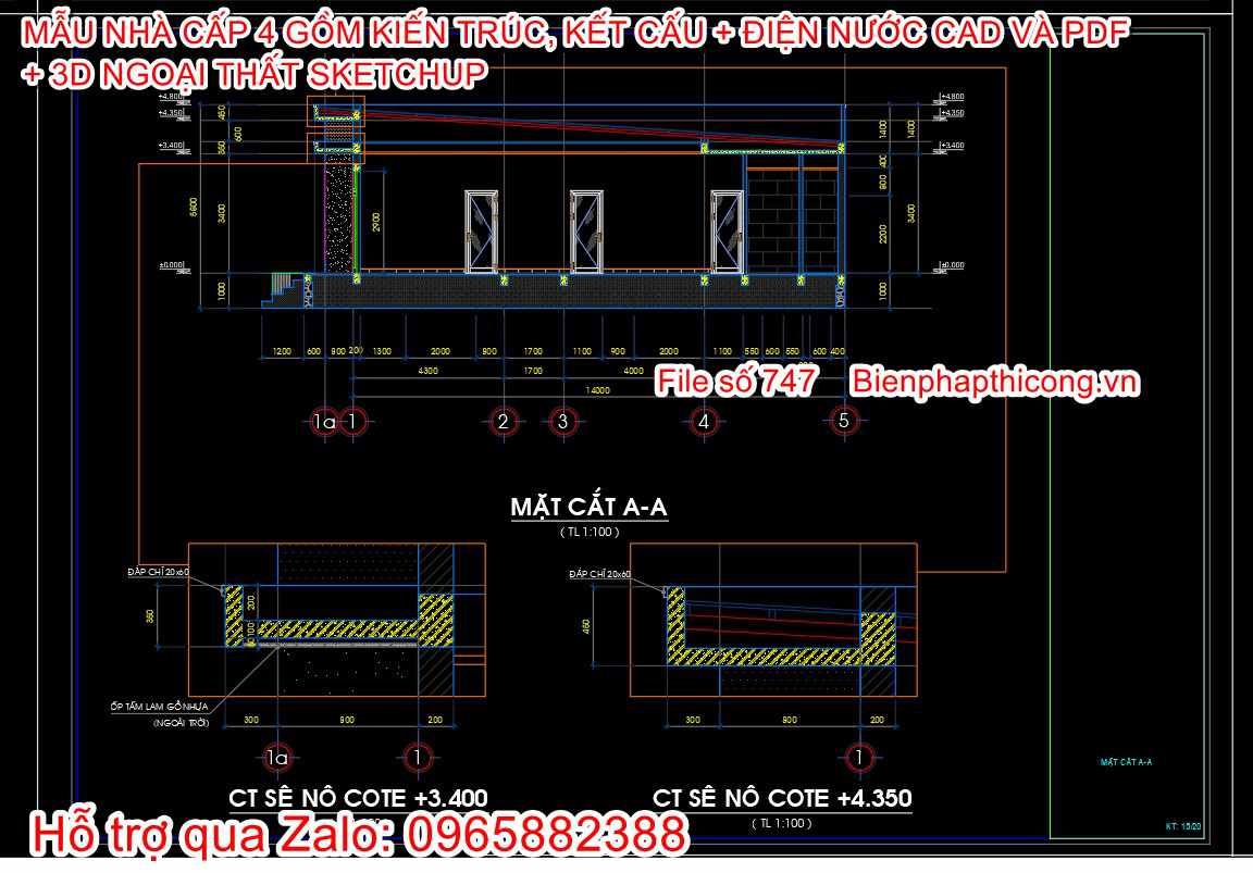 Bản vẽ thiết kế nhà cấp 4 3 ngủ hiện đại.
