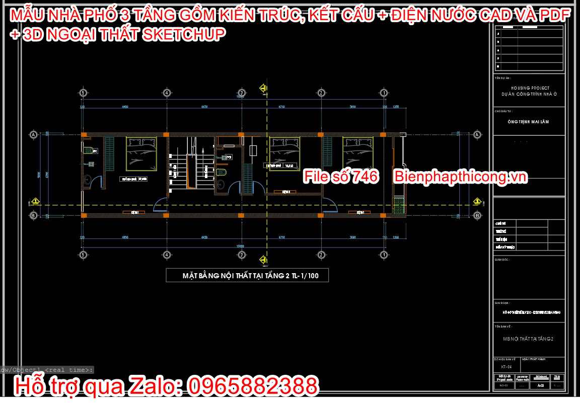 Bản vẽ thiết kế nhà phố 3 tầng 5m x 18m.