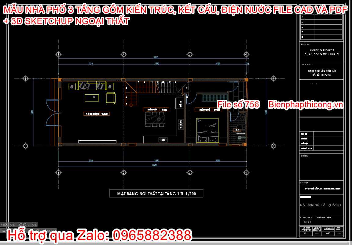 Download bản vẽ cad nhà phố 3 tầng 5,5m x 15,4m.