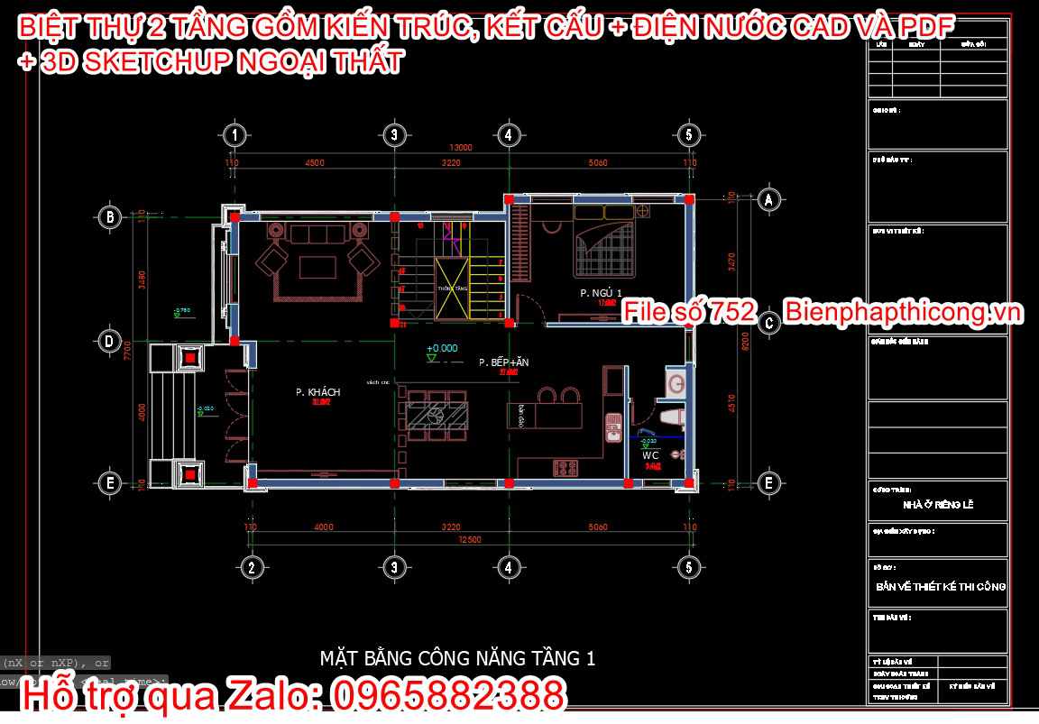 Download bản vẽ mặt bằng biệt thự 2 tầng mái nhật 3 ngủ.
