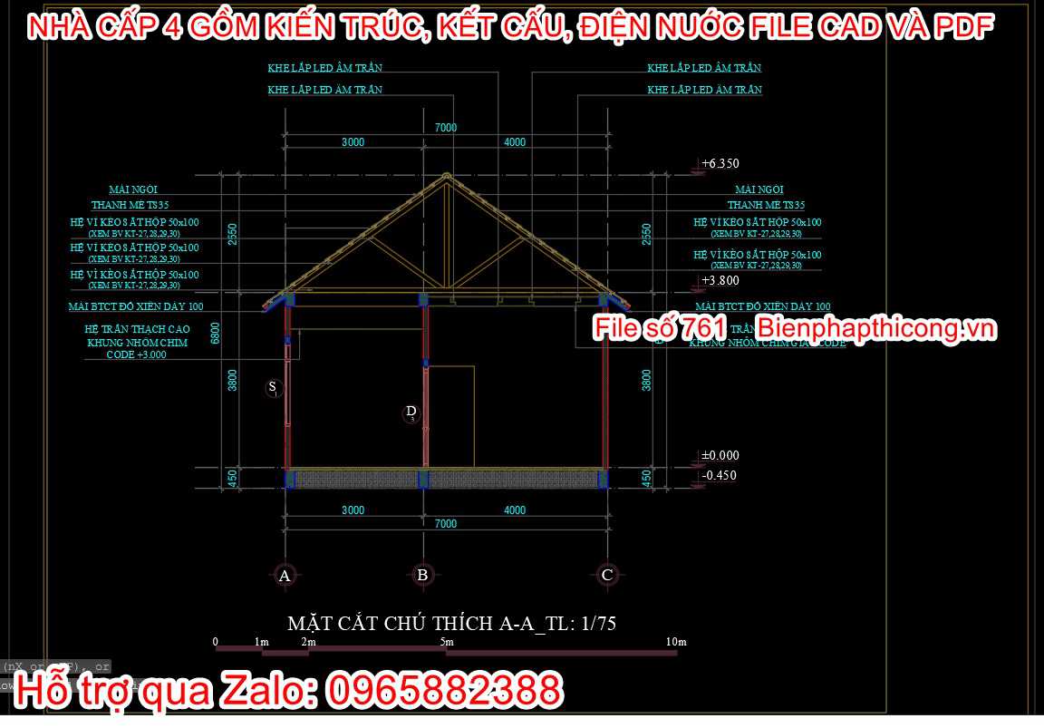 File autocad nhà cấp 4 2 ngủ 7m x 11,5m đẹp.