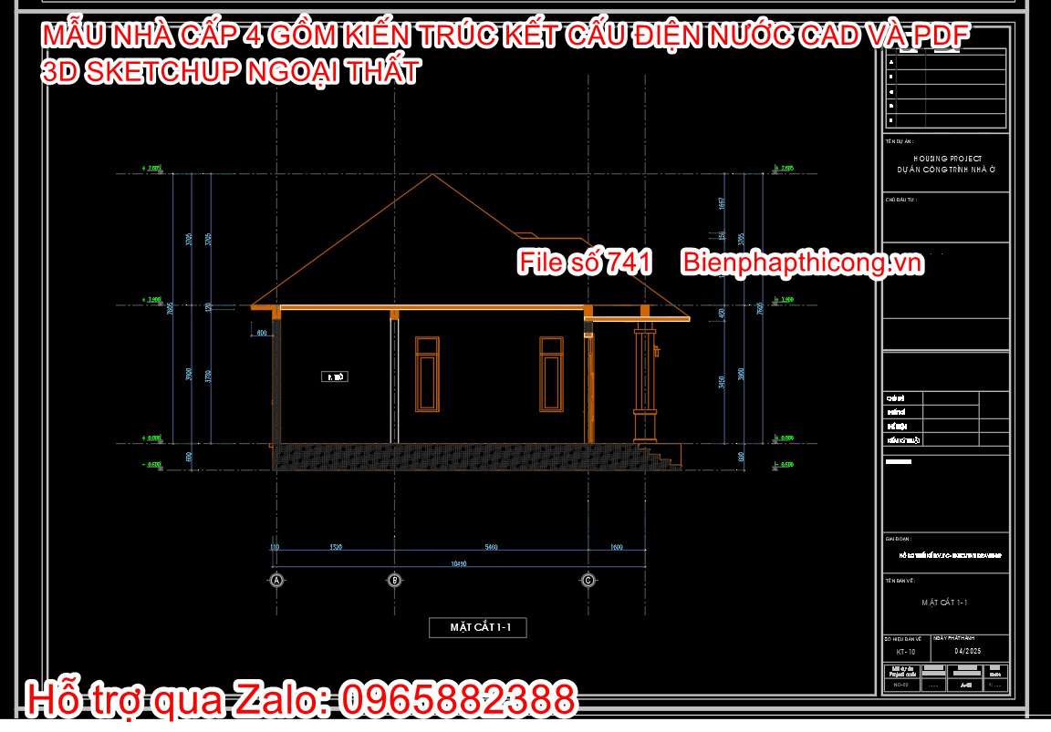 File cad thiết kế nhà cấp 4 mái nhật 3 ngủ 800 đến 900 triệu