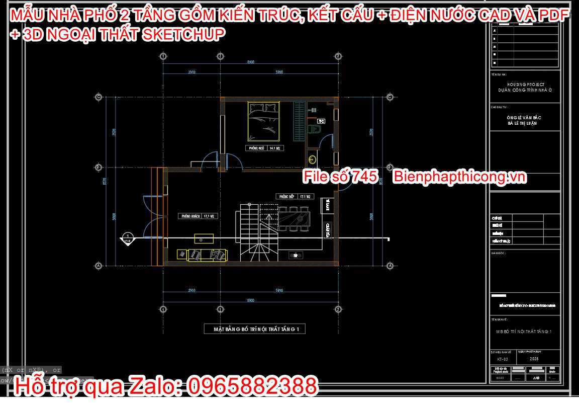 File dwg nhà phố 2 tầng rộng 8,5m x 9m.