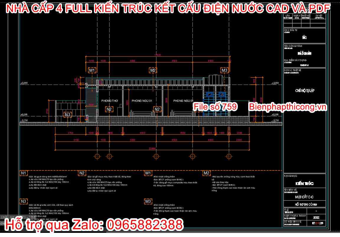 Bản vẽ cấp phép xây dựng nhà cấp 4 đẹp full 7m x 17m.