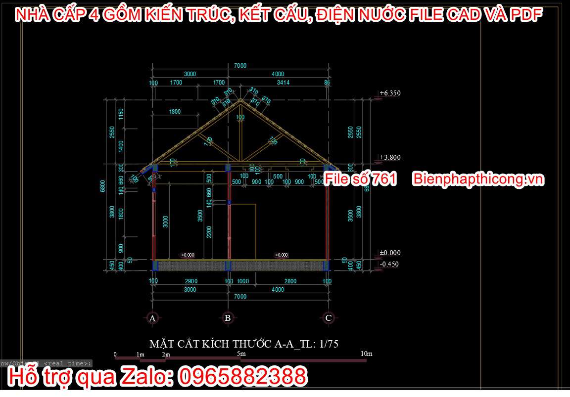 Bản vẽ nhà cấp 4 full kiến trúc kết cấu điện nước 7m x 11,5m.