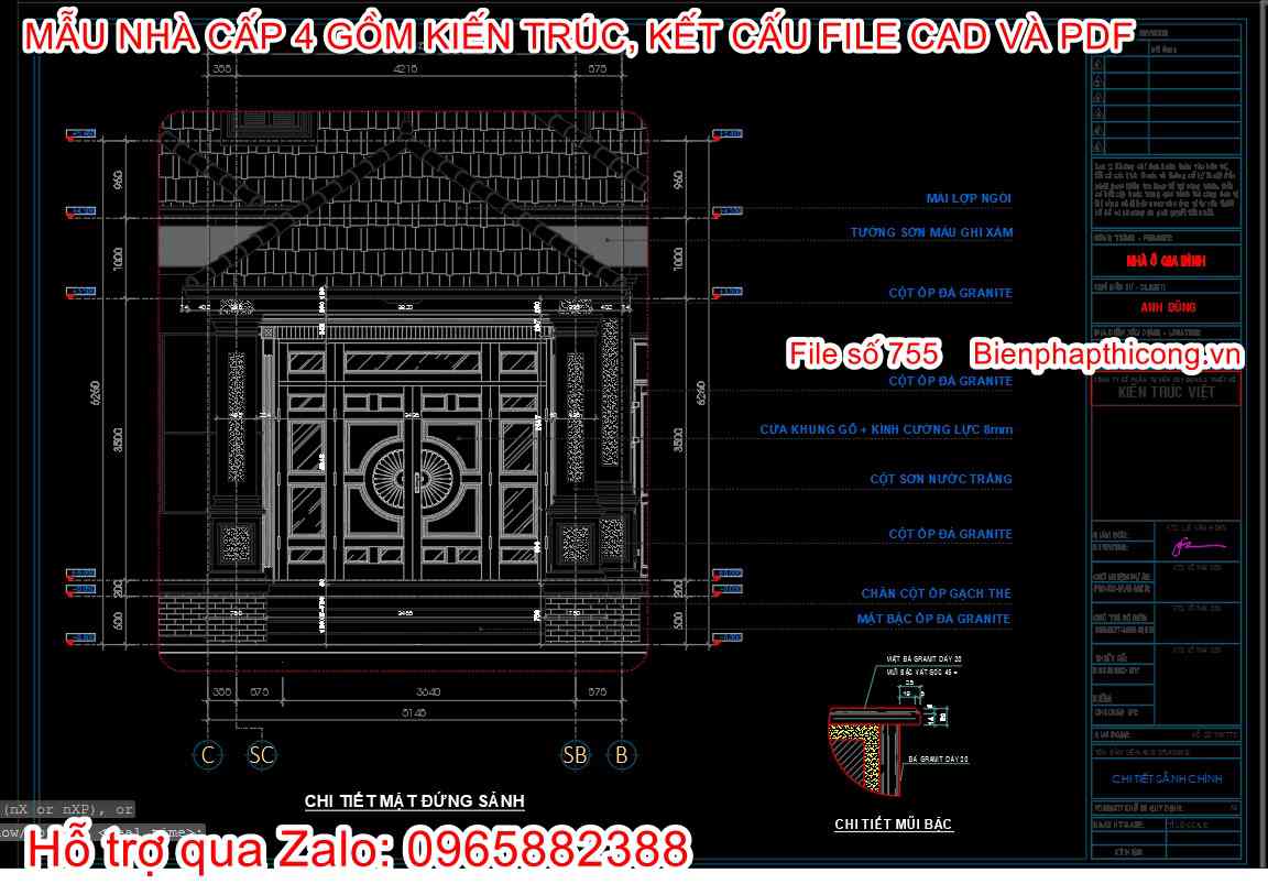 Bản vẽ thiết kế sảnh nhà cấp 4 mái nhật 13m x 14,5m.