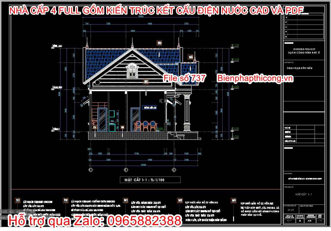 File autocad mặt cắt nhà cấp 4 4 ngủ rộng 16m x 9m.