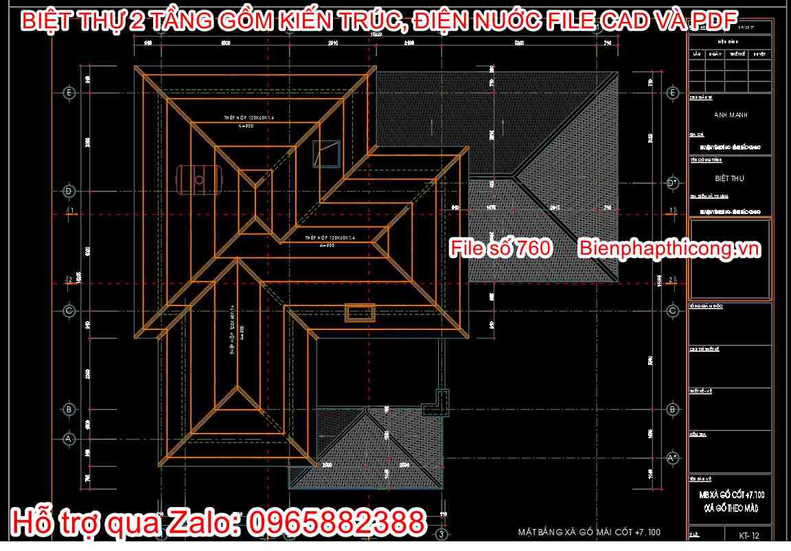File dwg xà gồ lanh tô mái biệt thự 2 tầng đẹp.
