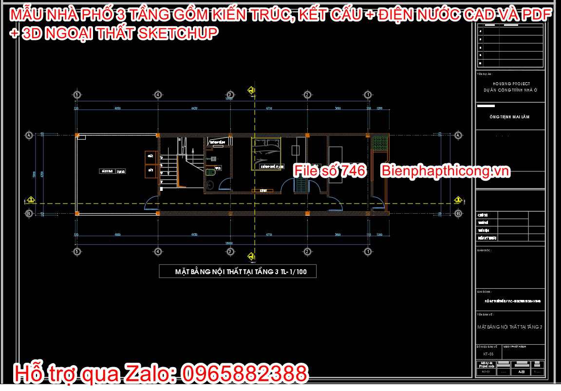 File thiết kế nhà phố 3 tầng cad 5m x 18m.