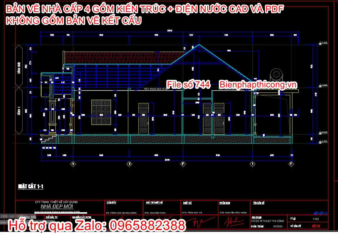 Mặt cắt nhà cấp 4 3 ngủ 7,4m x 15m đẹp.