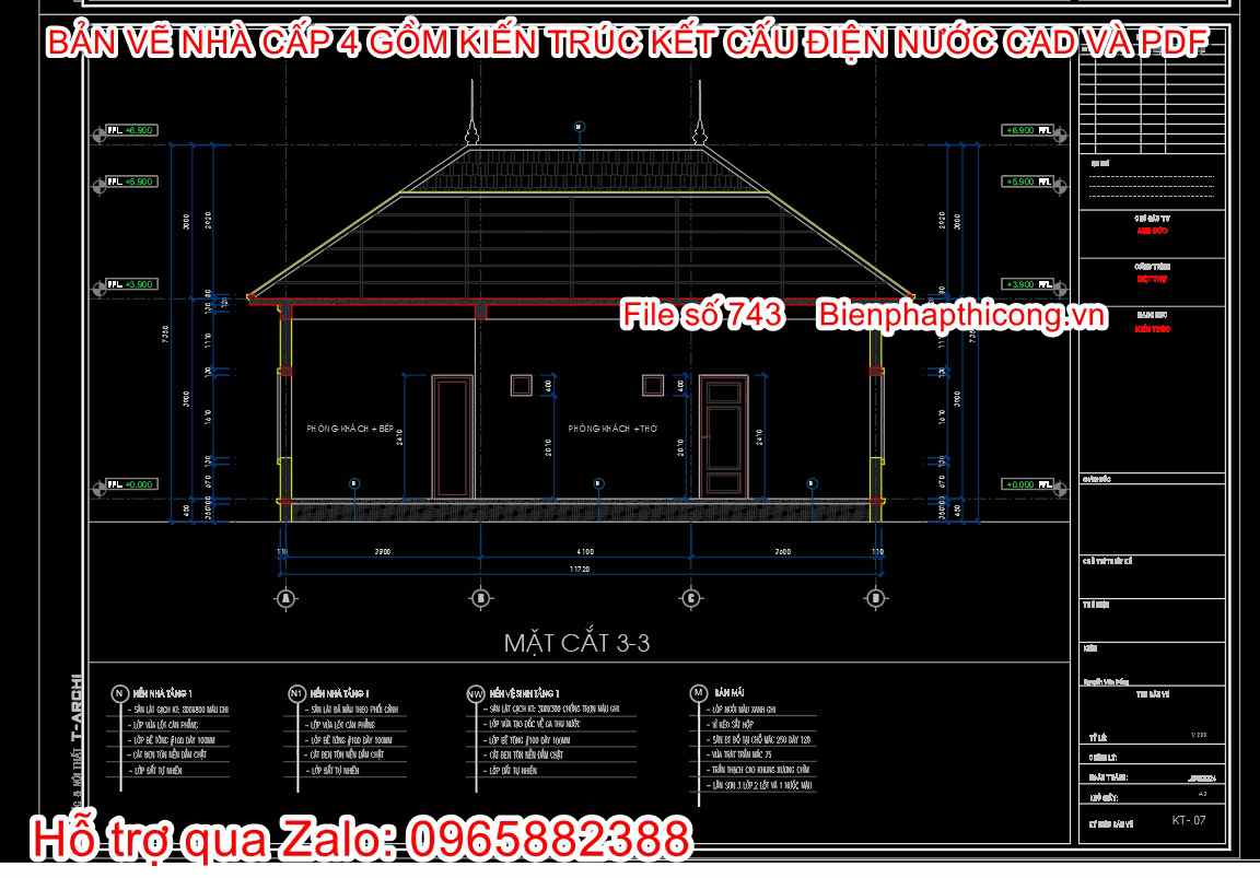 Mặt cắt nhà cấp 4 mái nhật 2 ngủ đẹp.