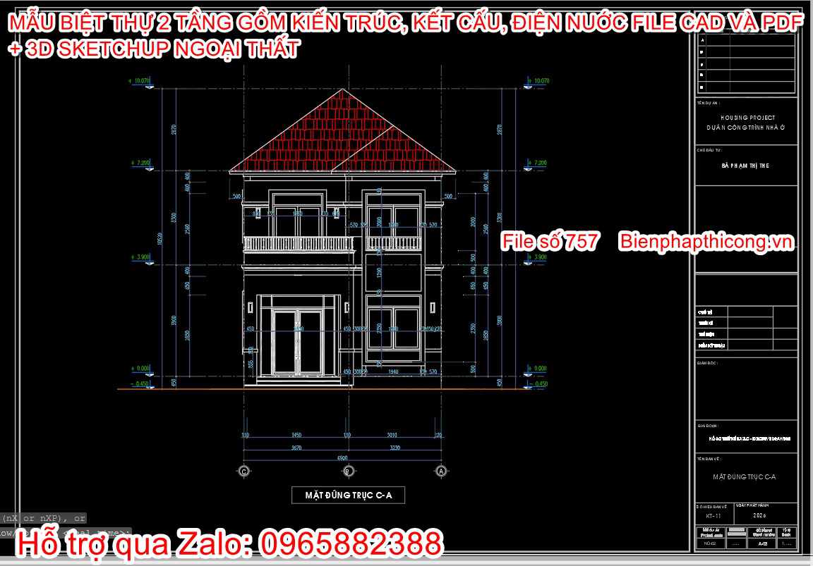 Mặt đứng biệt thự 2 tầng mái nhật 7m x 11m.