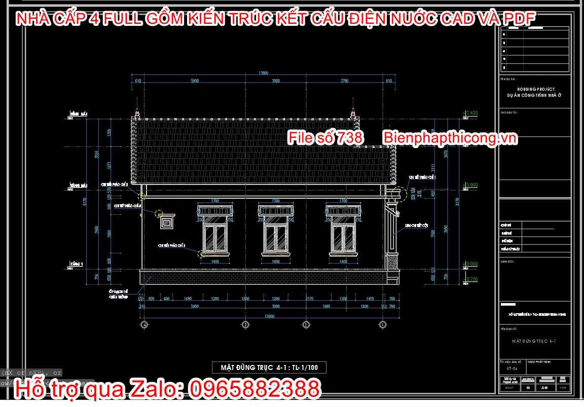 Mẫu bản vẽ nhà cấp 4 mặt tiền 8m đẹp.