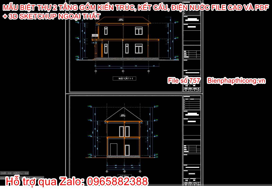 Bản vẽ dwg thiết kế mặt cắt biệt thự 2 tầng mái nhật 7m x 11m.