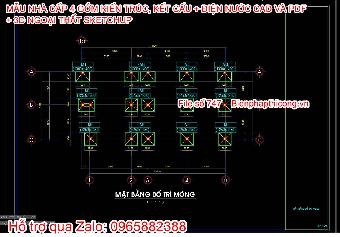 Bản vẽ kết cấu móng nhà cấp 4 7m x 15m.
