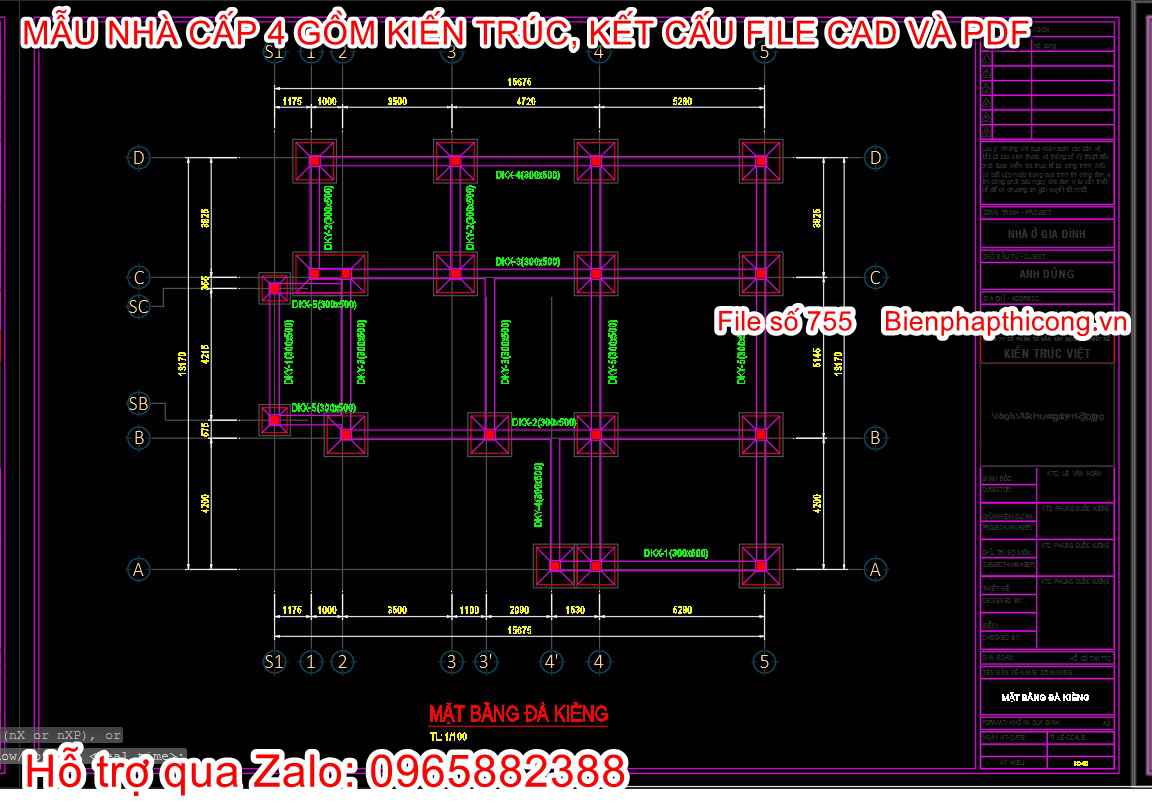 Bản vẽ kết cấu móng nhà cấp 4 mái nhật 13m x 14,5m.