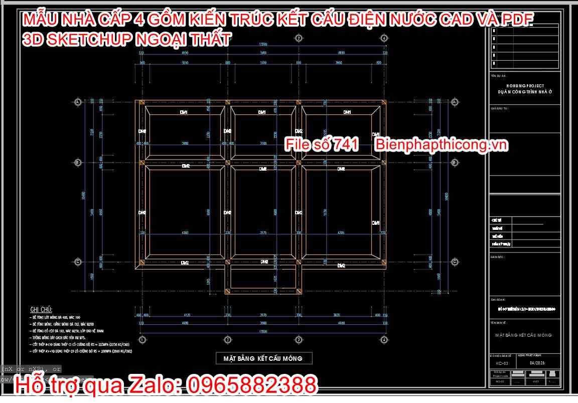 Bản vẽ thiết kế móng bằng nhà cấp 4 3 ngủ file pdf.