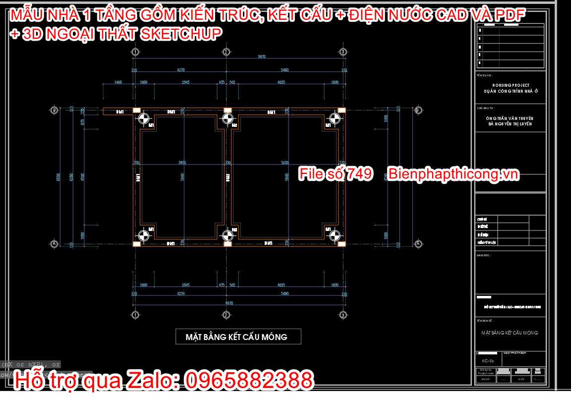 Bản vẽ thiết kế móng nhà cấp 4 1 tầng đẹp.