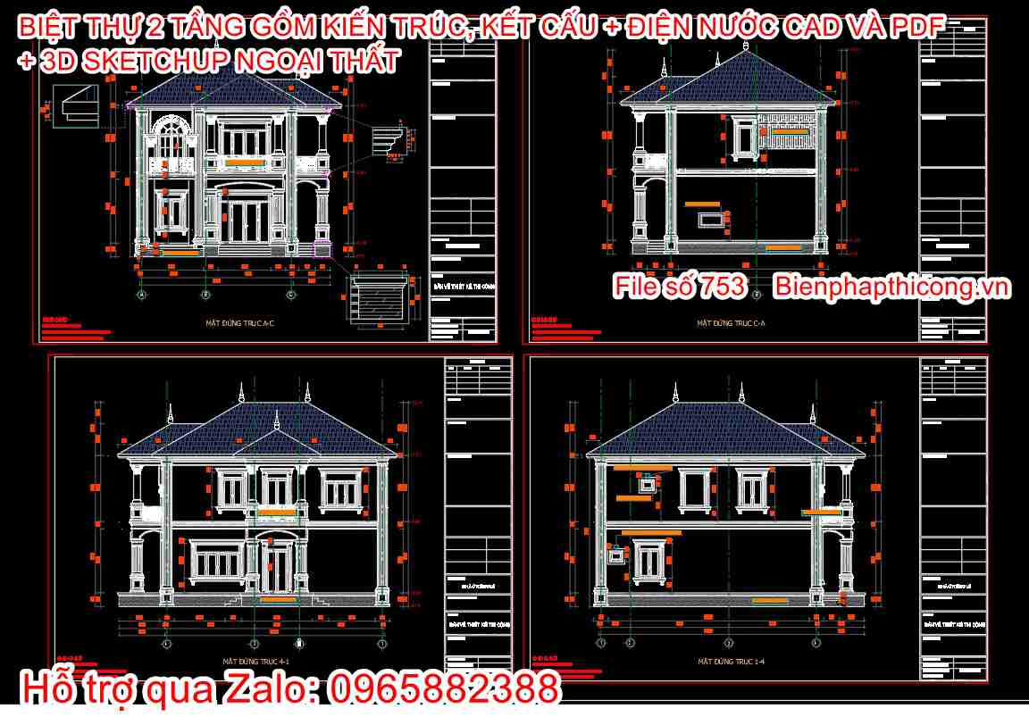 File autocad biệt thự 2 tầng mái nhật tân cổ 8,4m x 12m.