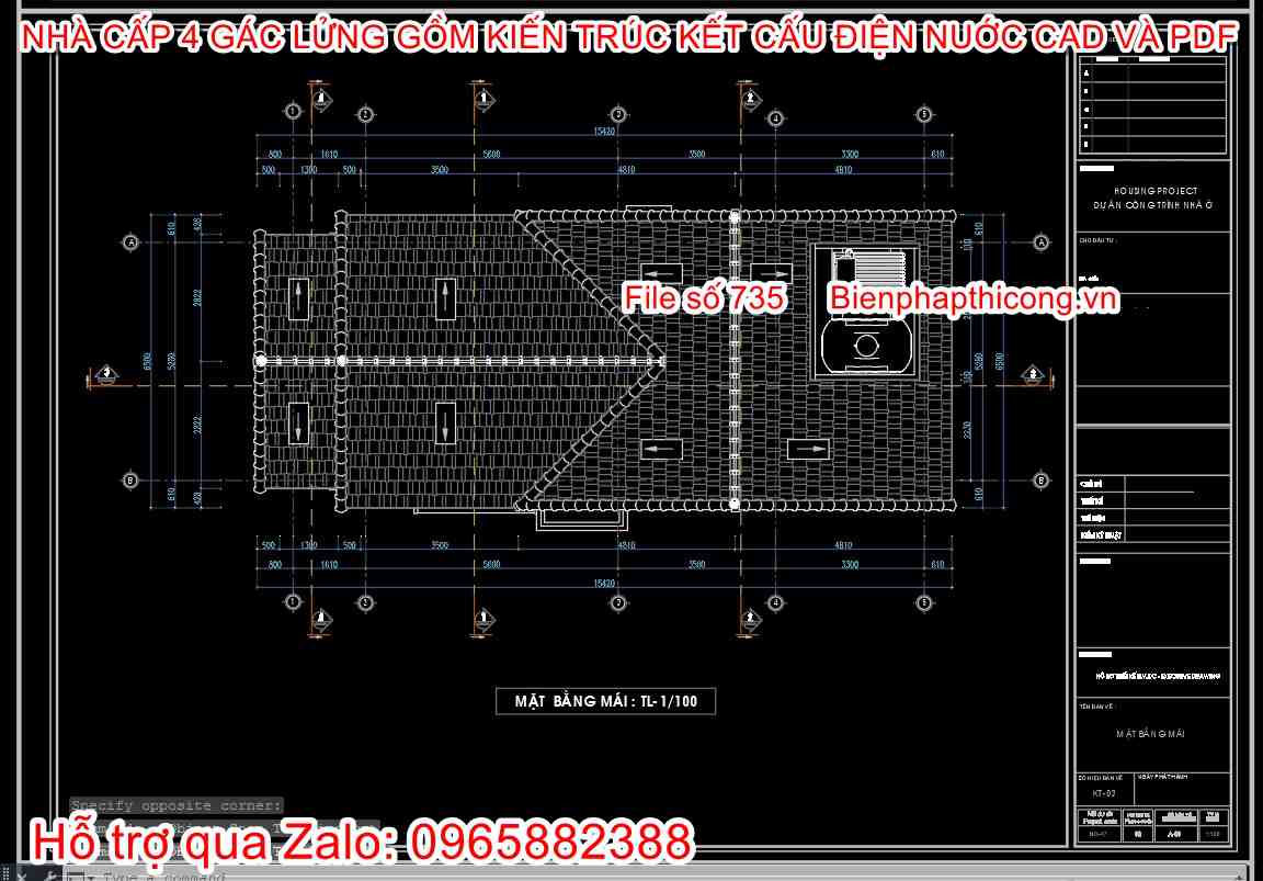 File cad thiết kế mặt bằng mái nhà cấp 4 có xép lửng đẹp.