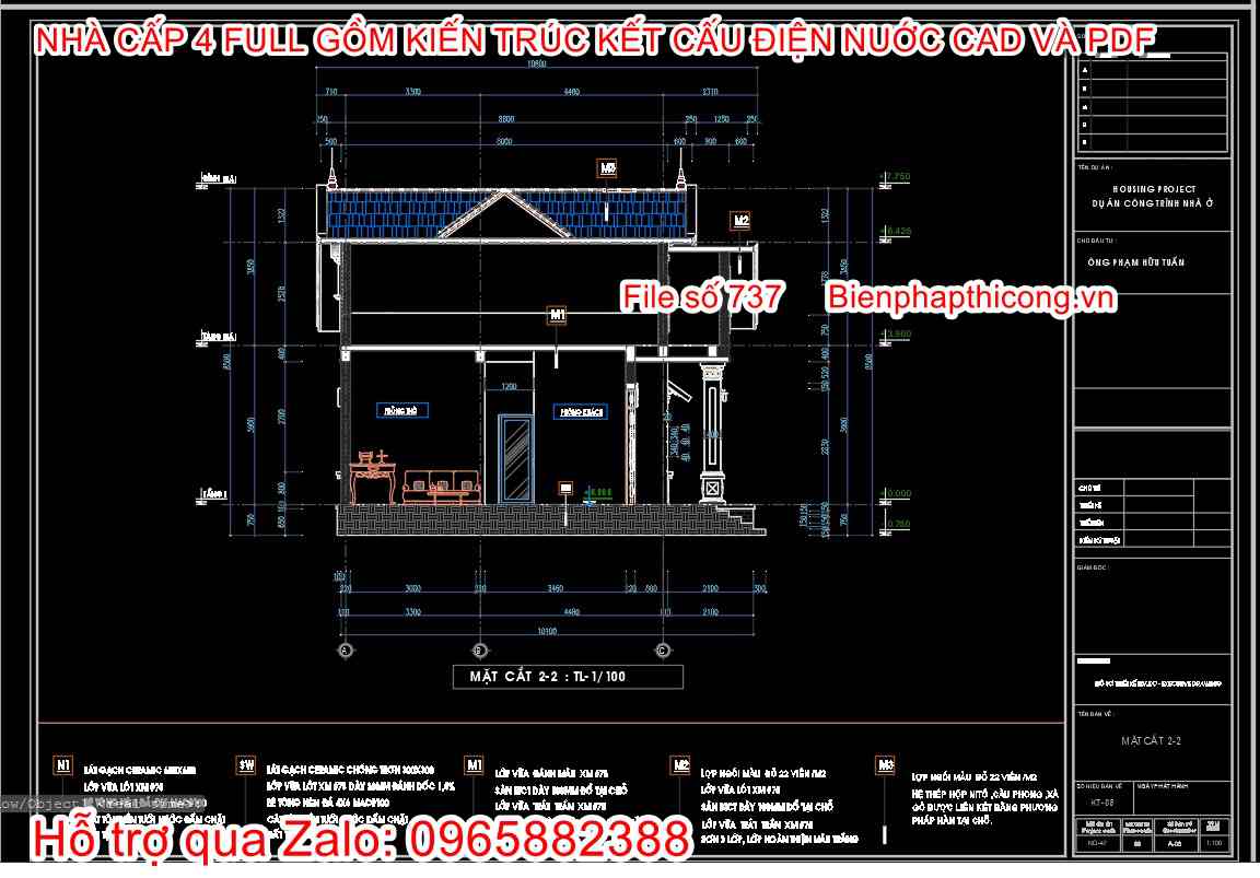 File cad thiết kế mặt cắt nhà cấp 4, 4 phòng ngủ đẹp.
