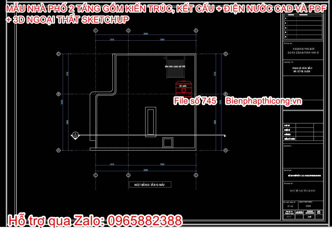 Mặt bằng mái nhà 2 tầng làm cấp phép xây dựng.