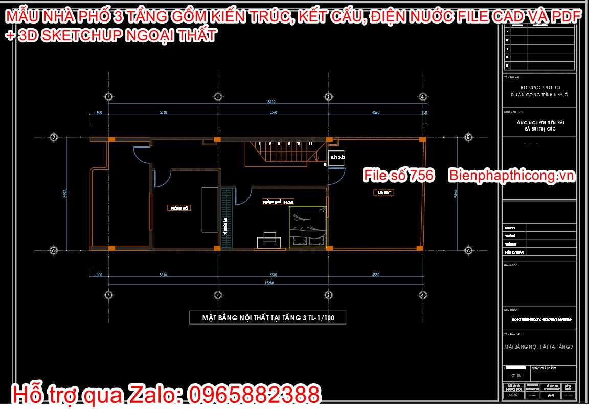 Mặt bằng tầng 3 nhà phố 3 tầng cad pdf.