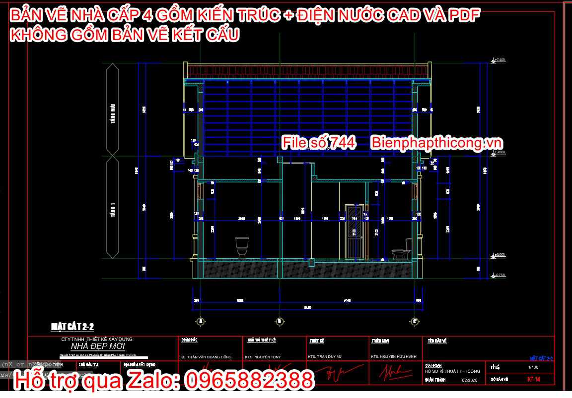 Mặt cắt nhà cấp 4 3 ngủ mái thái đẹp.