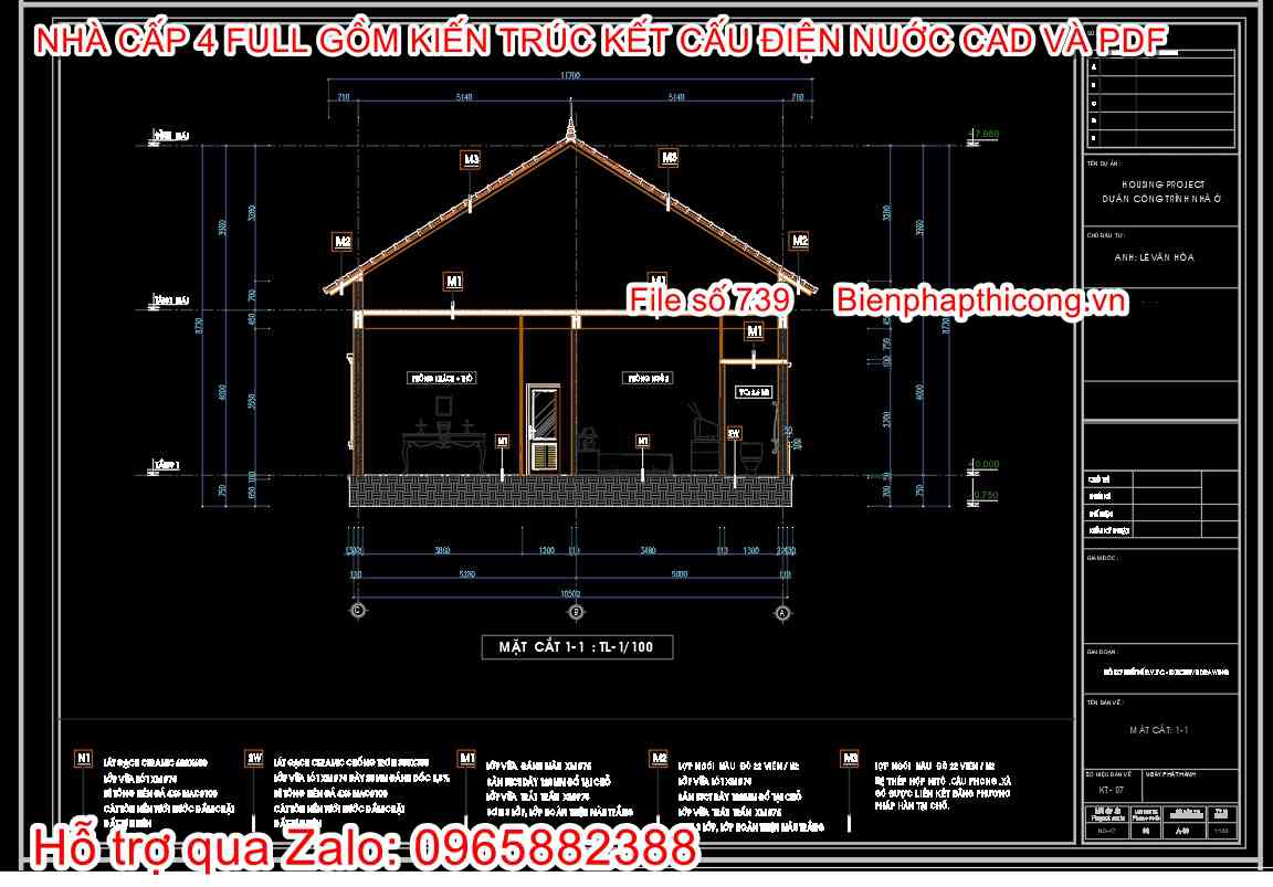 Mặt cắt nhà cấp 4 dưới 1 tỷ đẹp.