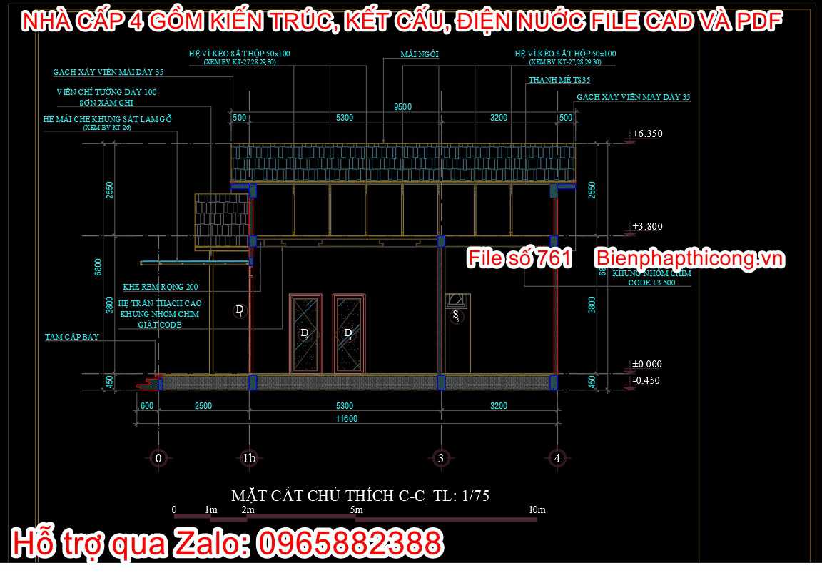 Mẫu nhà cấp 4 2 ngủ mặt tiền 7m x 11,5m.