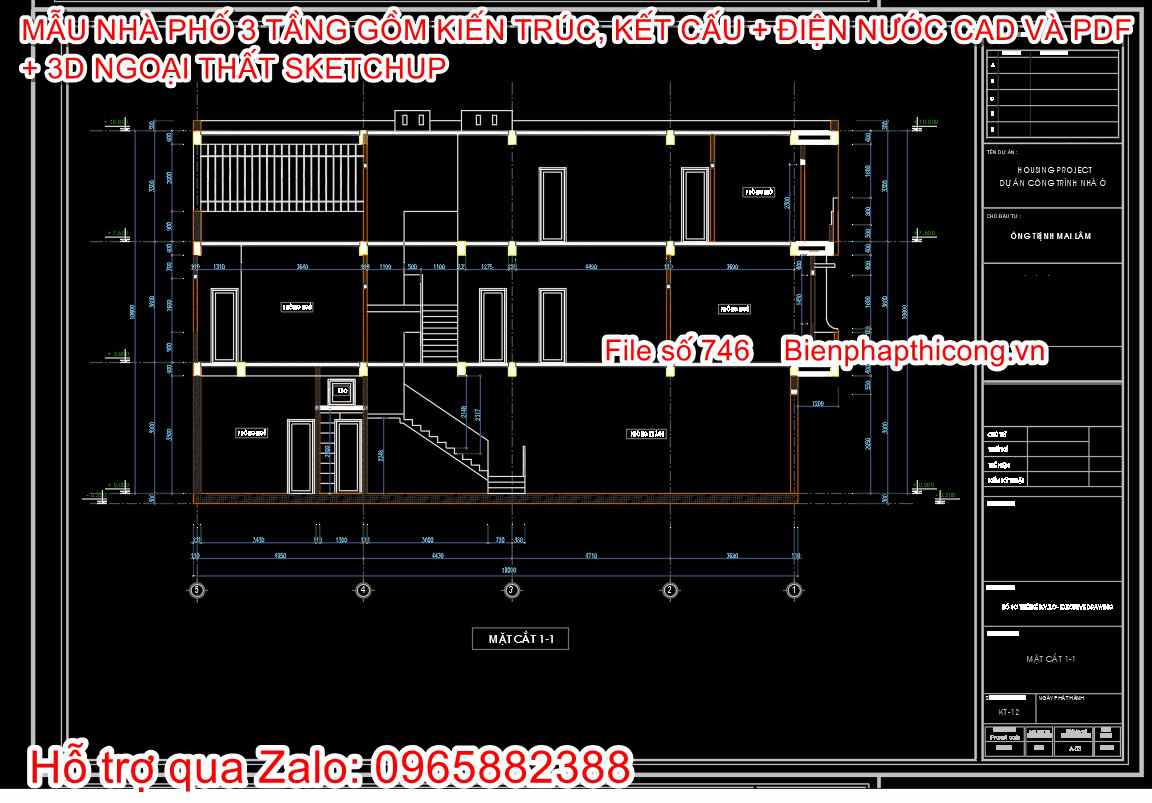 Mẫu nhà phố 3 tầng cad 5m x 18m.