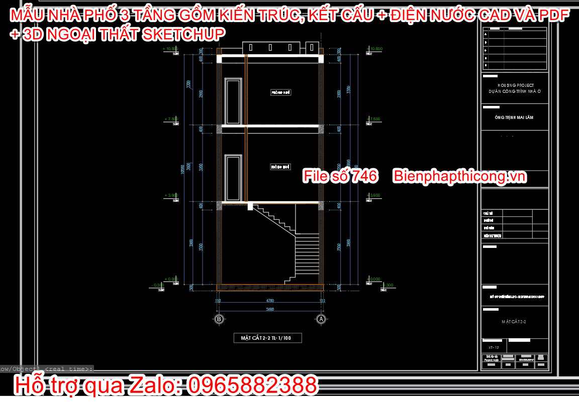 Bản vẽ cad mặt cắt nhà phố 3 tầng 5m x 18m.