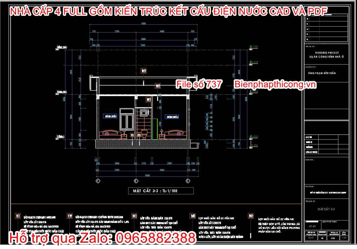 Bản vẽ cad nhà cấp 4 4 ngủ sân vườn.