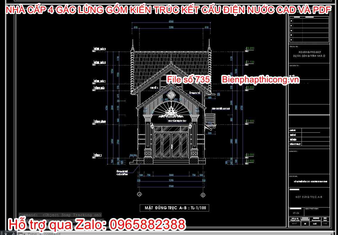 Bản vẽ cad thiết kế mặt đứng nhà cấp 4 gác lửng.
